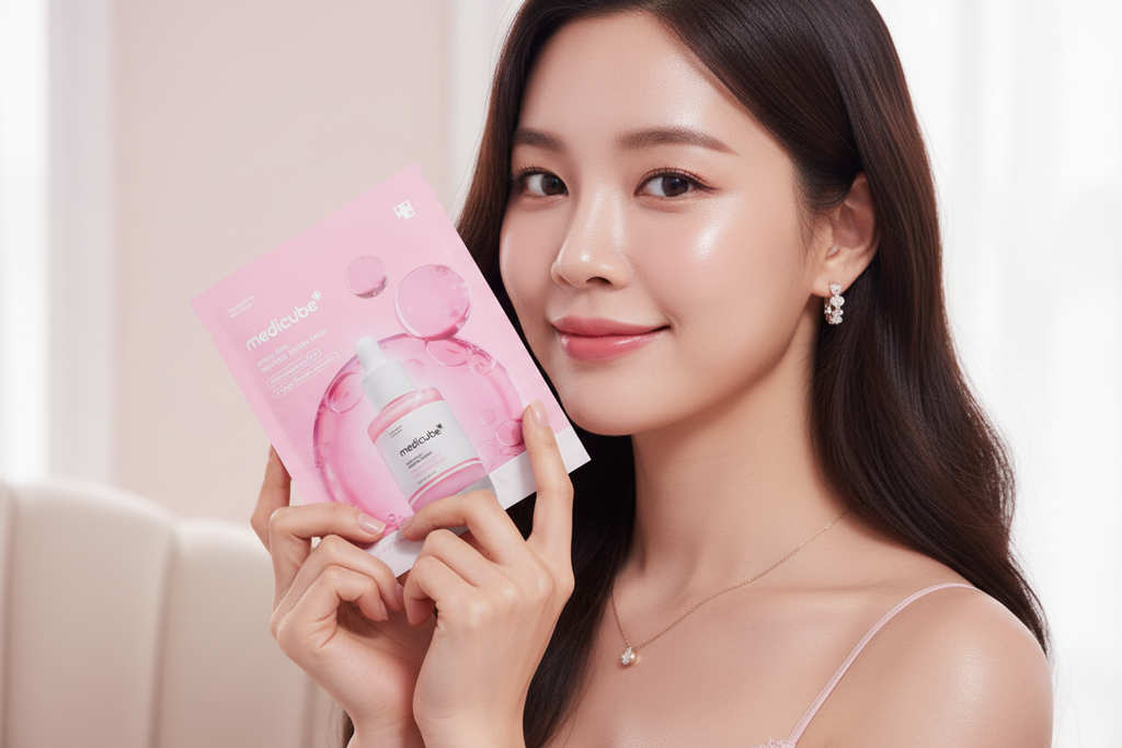 Asian woman close-up holding skincare product in elegant room