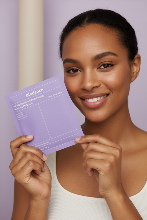 Brown-Skinned Woman Happy with Biodance Caviar Mask