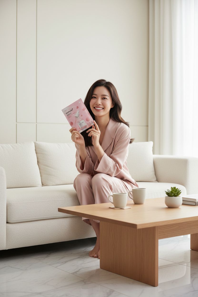 Elegant Happy Asian Model with Medicube Mask