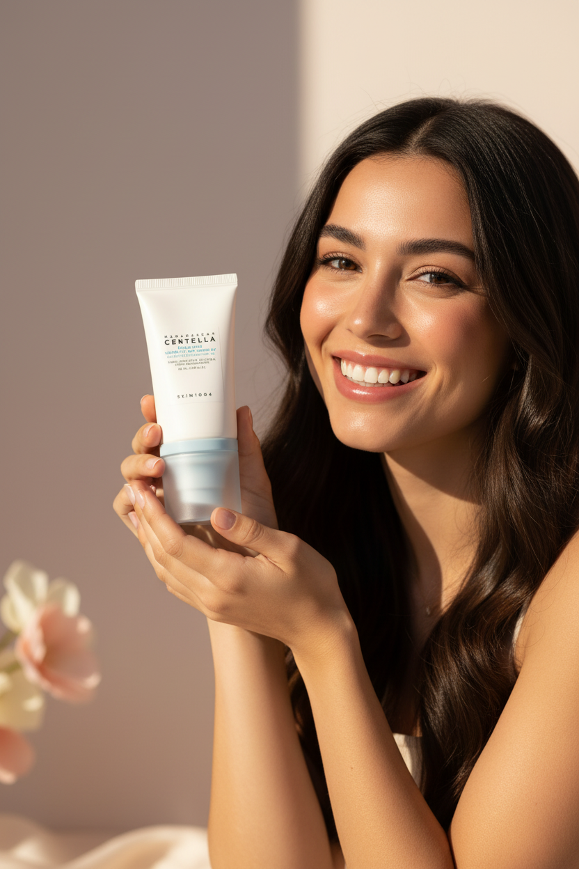 Happy Spanish girl holding SKIN1004 product