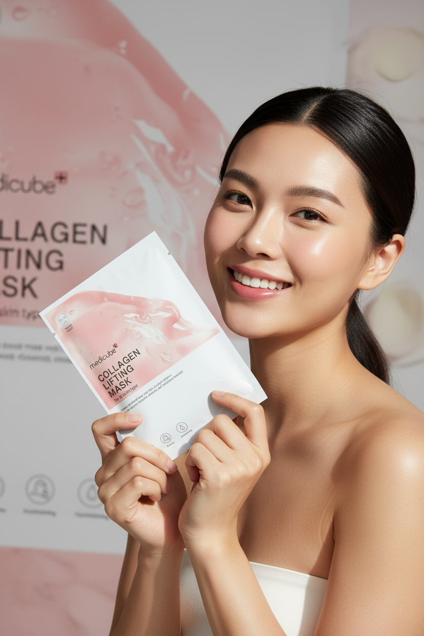 Woman Happily Holding Medicube Collagen Lifting Mask
