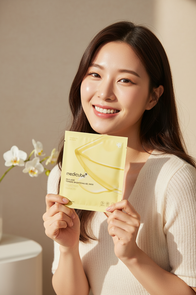 Woman Happily Holding Medicube Kojic Acid Turmeric Gel Mask